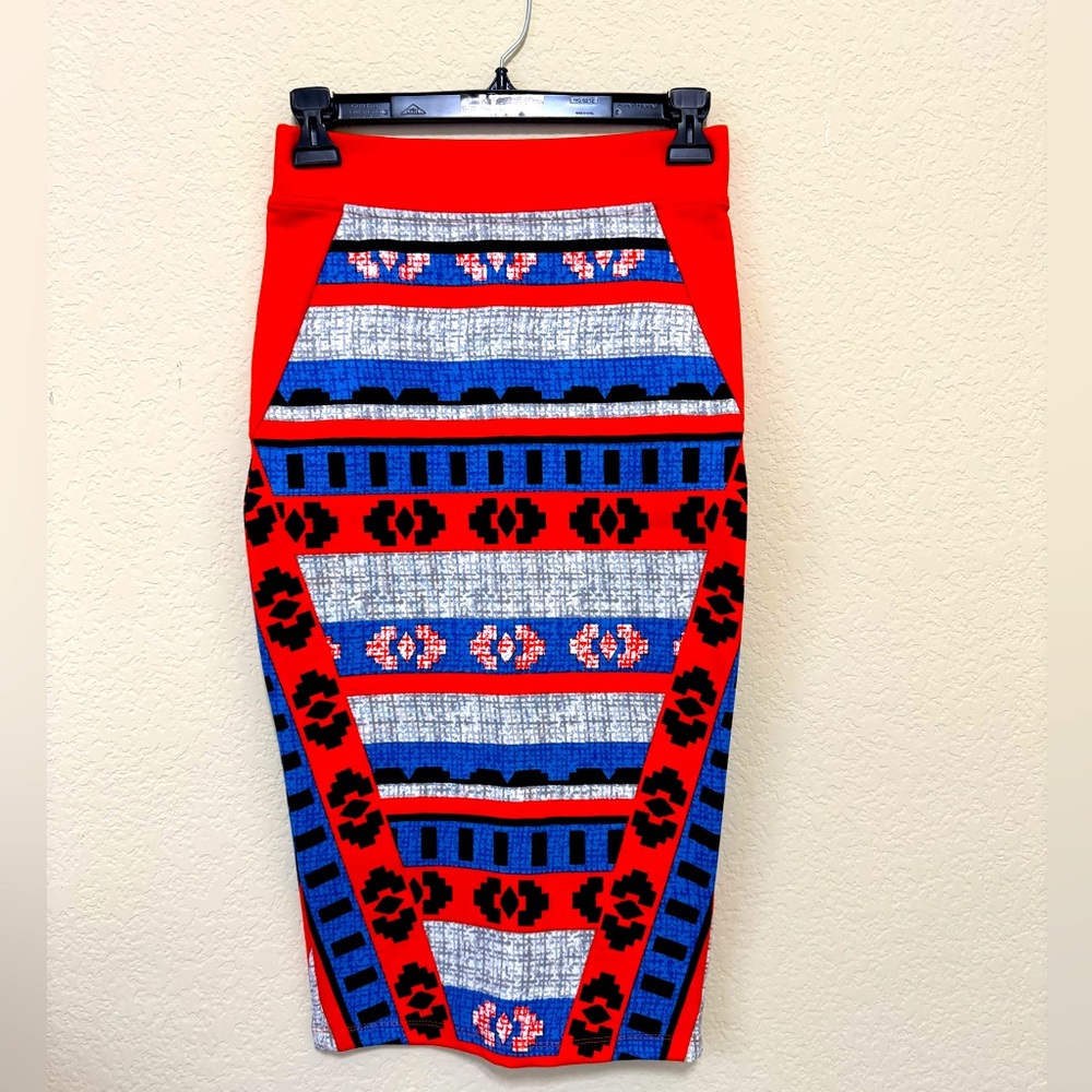 Gianni Bini Red, Blue, Black Patterned Pencil Skirt